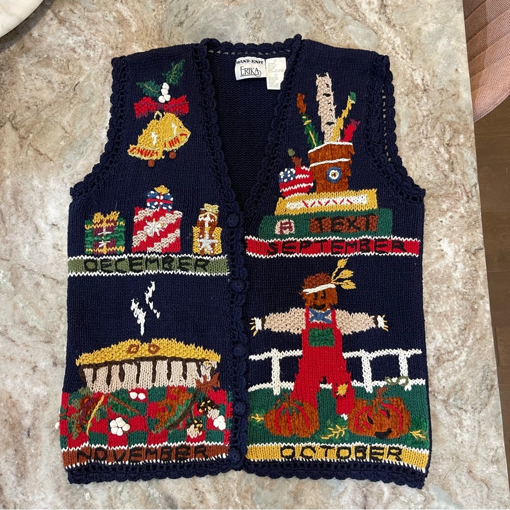 Vintage Hand Knit Embroidered Fall Winter Holiday Ugly Sweater Vest - Picture 2 of 13